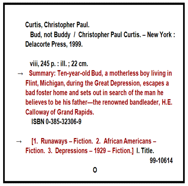 [Bud not Buddy Catalog Card]