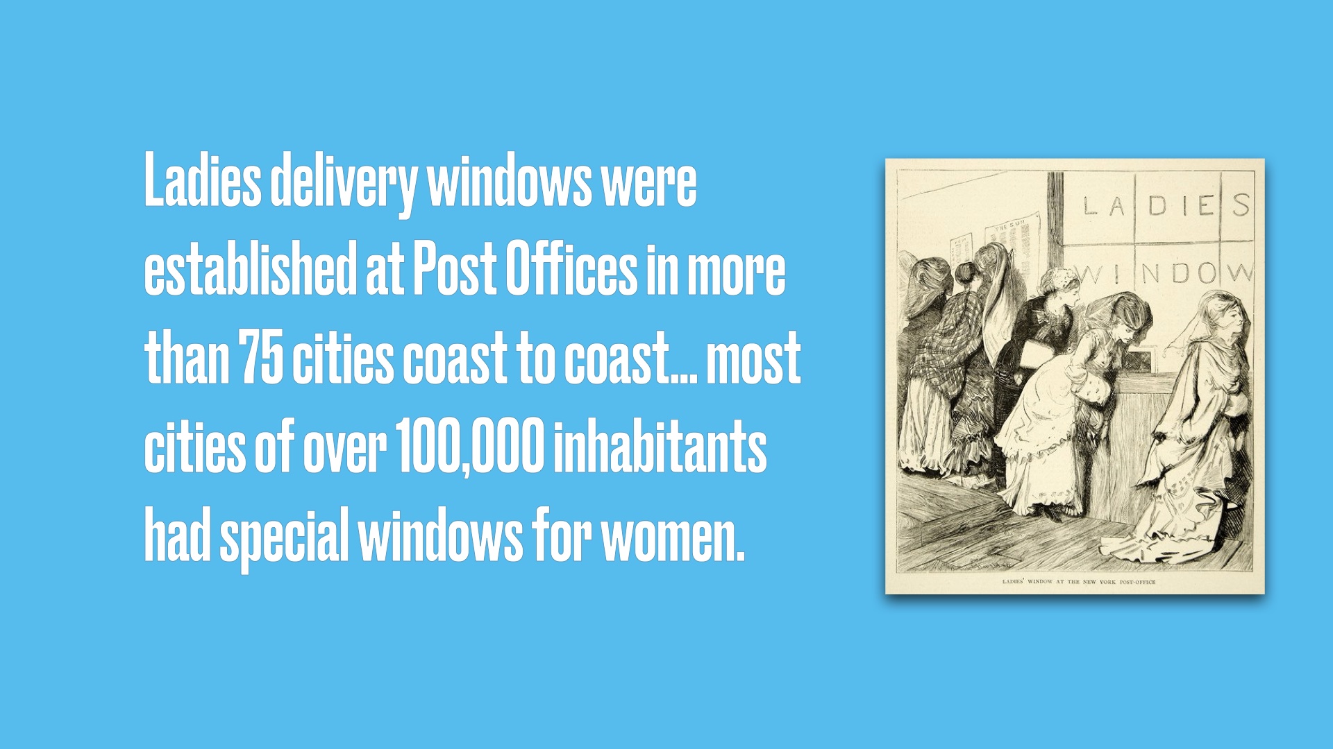 Image from an old book of women getting mail at the Ladies Delivery Window with the text 