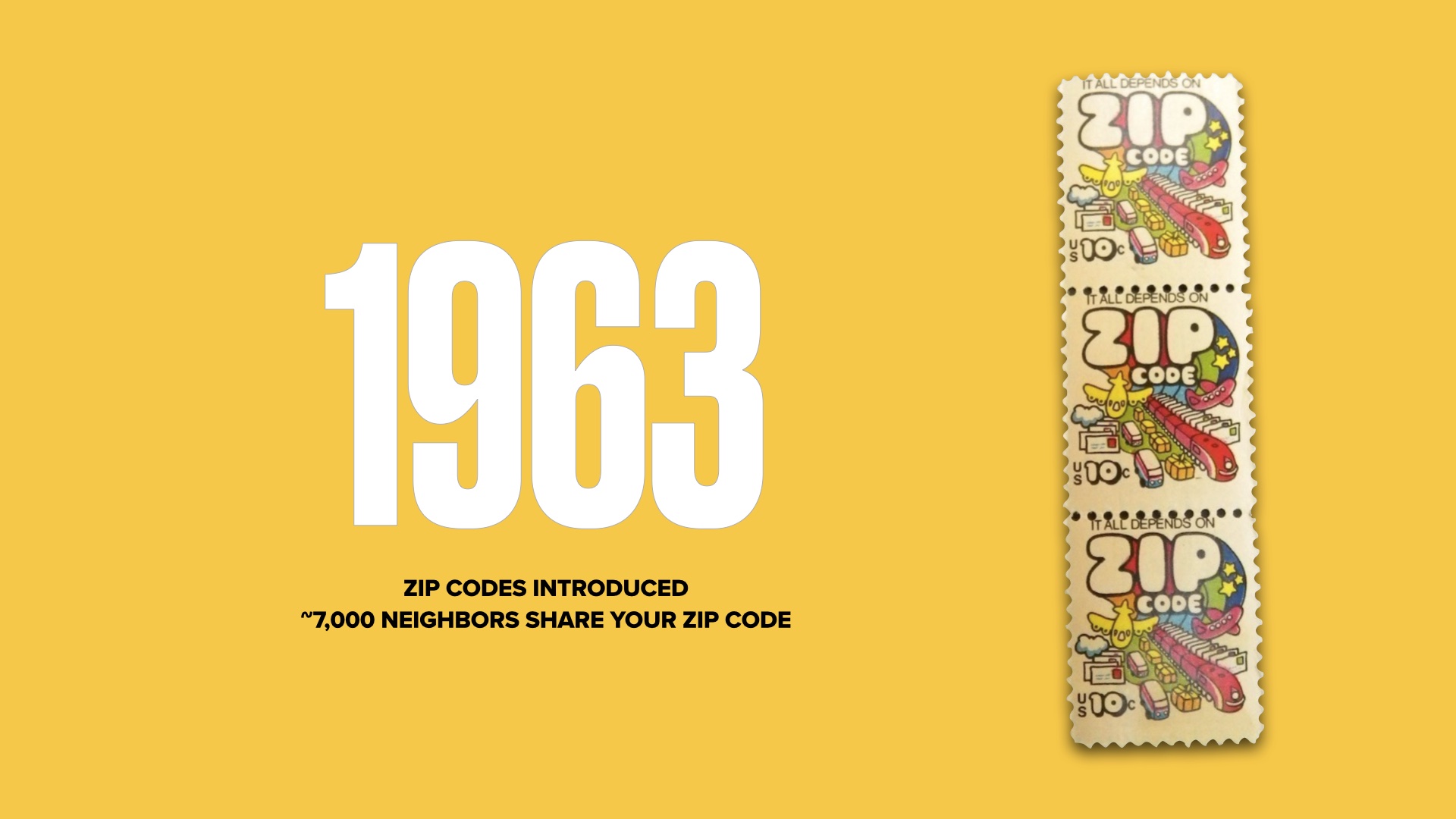 Slide with very large number 1963 across it with a sidebar image of fancy cartoonish stamps announcing the ZIP code. Caption 