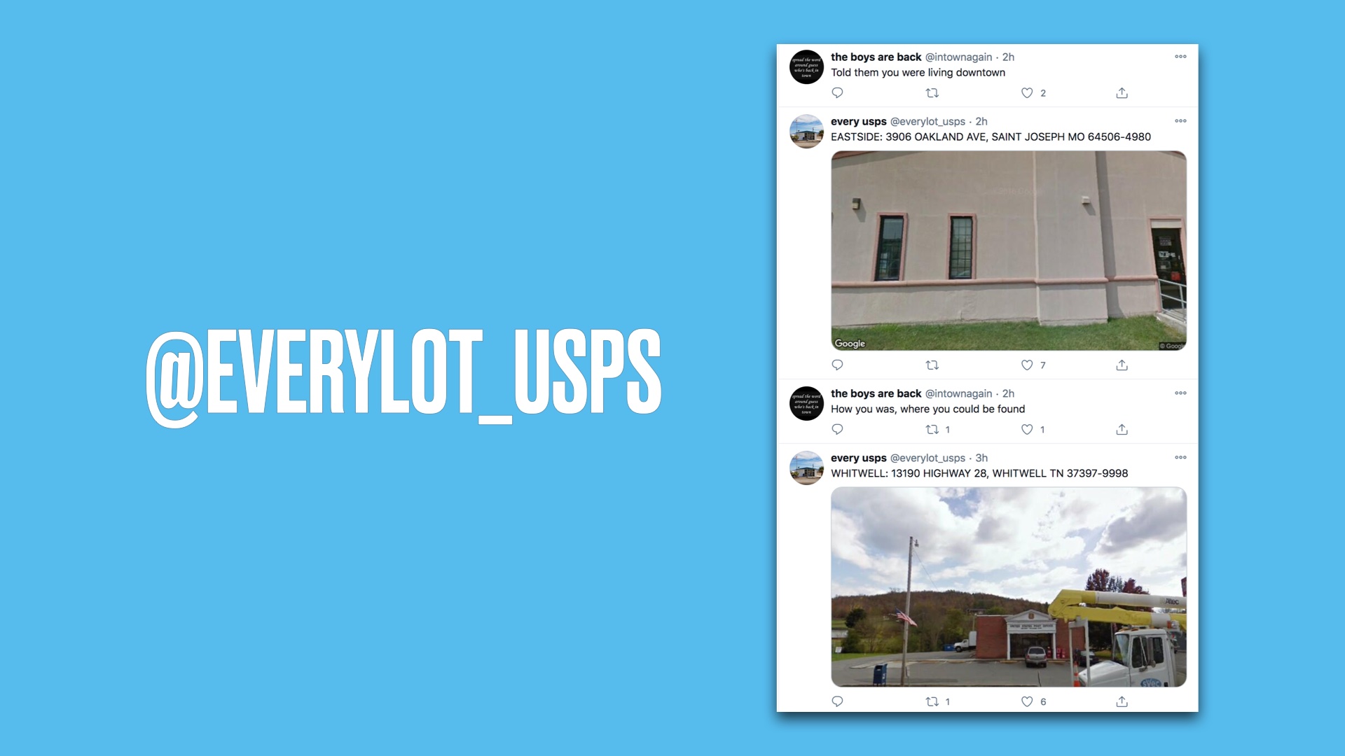 Screenshot of a twitter thread with tweets from the @everylot_usps user