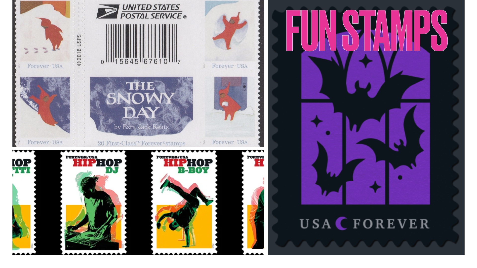 Image of various cool looking stamps you can use including Hip Hop stamps, Spooky stamps and The Snowy Day stamps