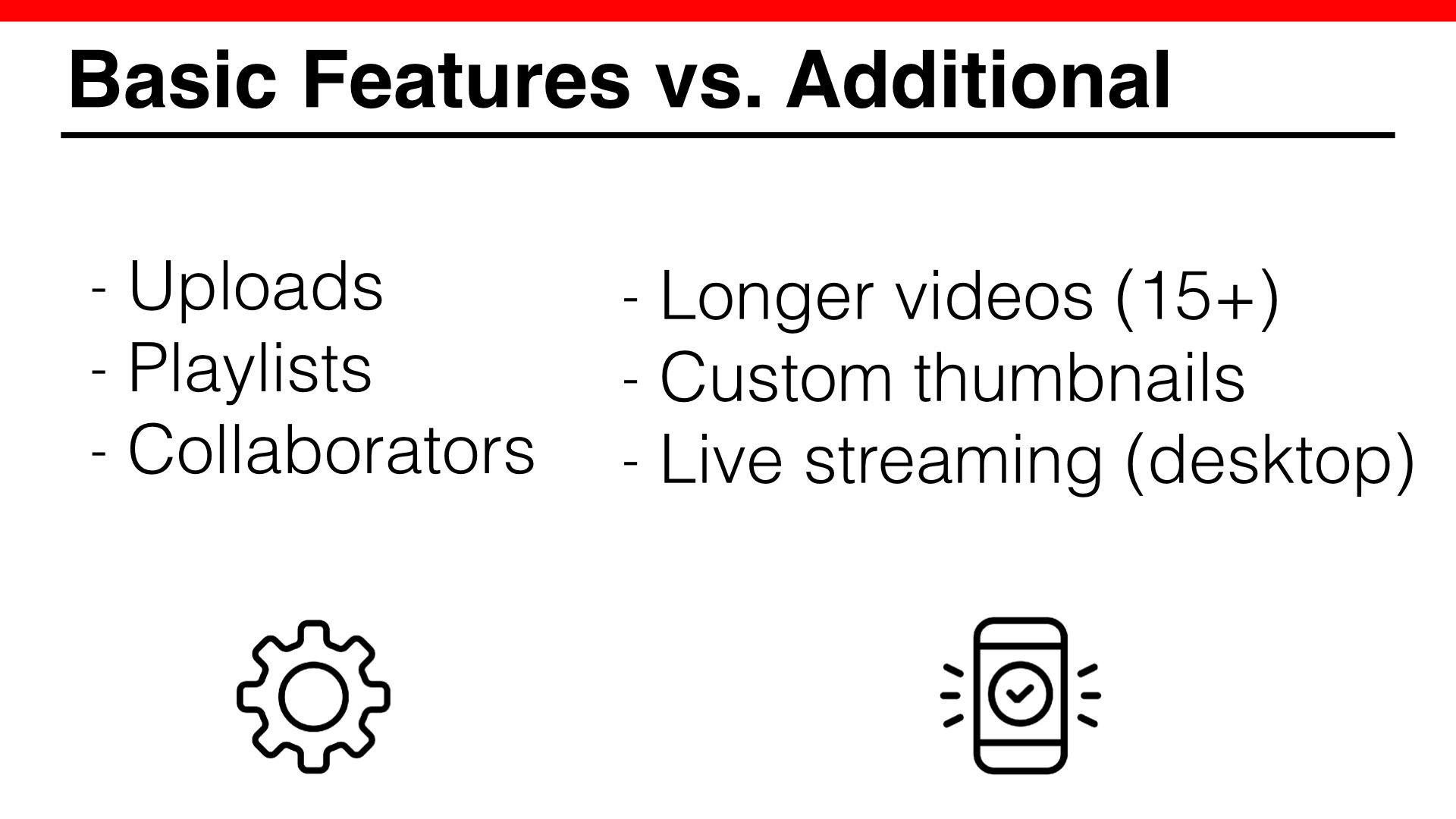 Basic Features vs. Additional, two lists, one showing that you get with basic account: Uploads, Playlists and Collaborators, and the other showingwhat you can get with phone verification: Longer videos (15+), Custom thumbnails,
Live streaming (desktop)