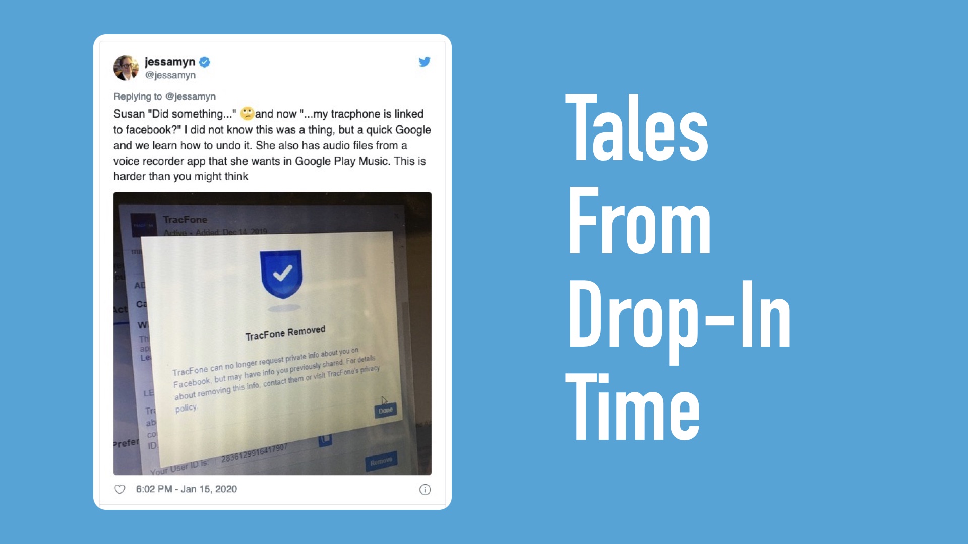 Tweet from tales from Drop in Time about a woman who somehow connected her trac phone to facebook