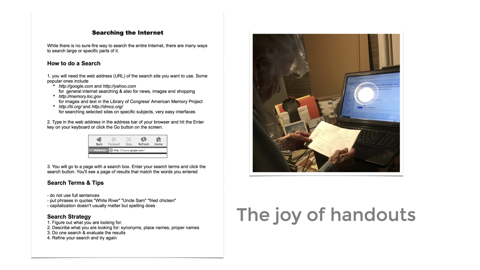 Image of a woman looking at a handout near her laptop. Inset image of a handout titled Searching the Interet. Text: The joy of handouts
