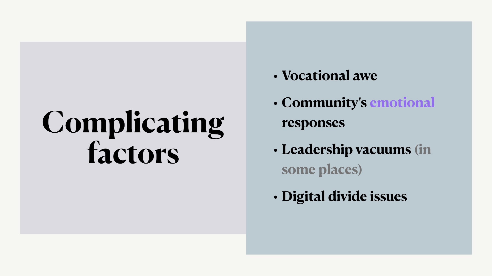 [caption: complicating factors: Vocational awe; Community's emotional responses; Leadership vacuums (in some places); Digital divide issues]