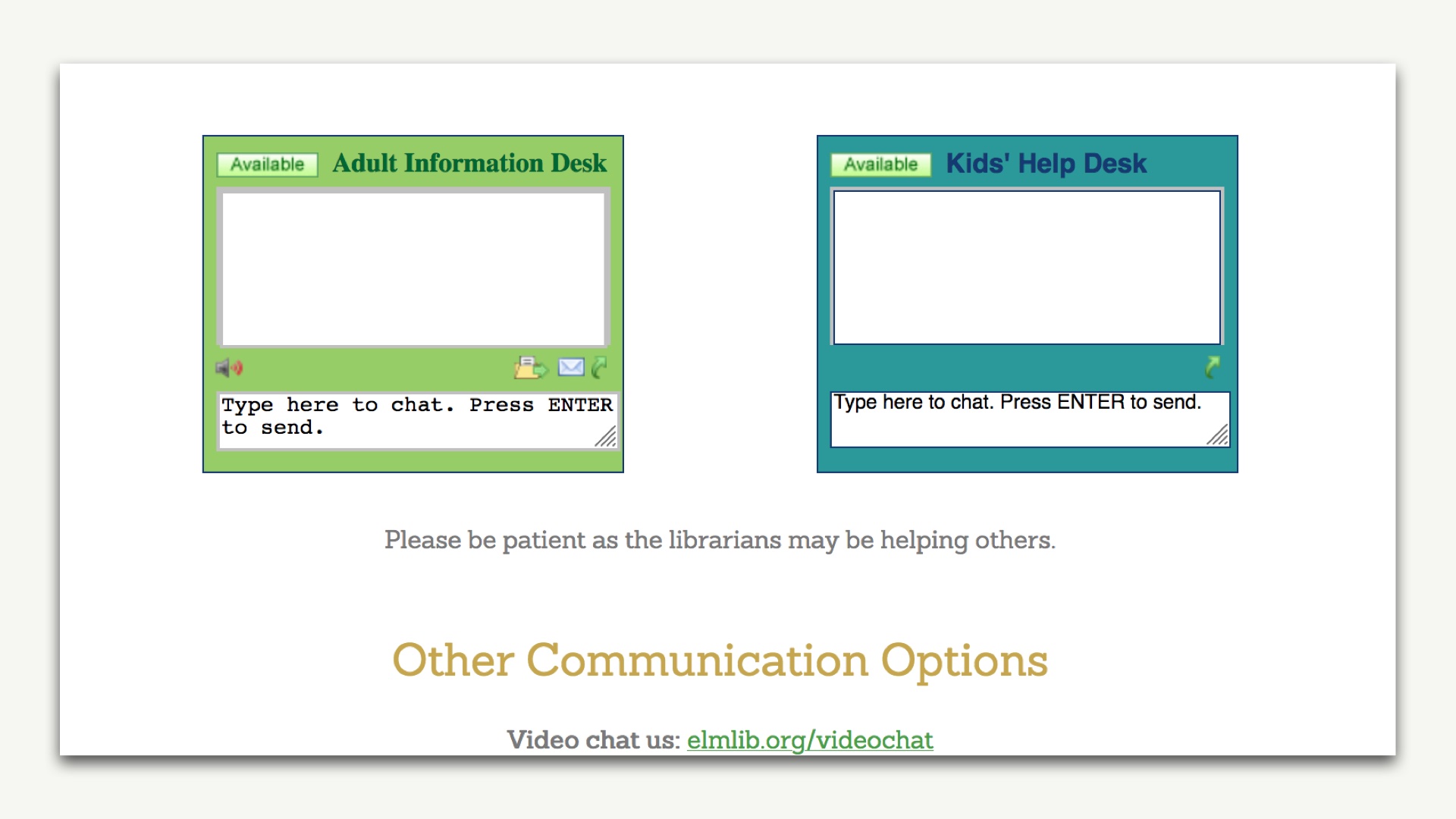 [screenshot of Elmhurst Public Library chat windows and also link to where you can sign up to use their Zoom room]