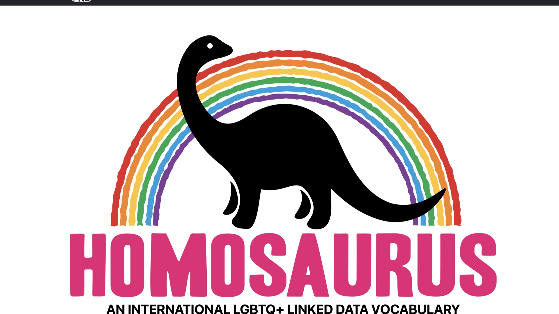 Screenshot of homosaurus a brontosaurus looking animal standing in front of a rainbow