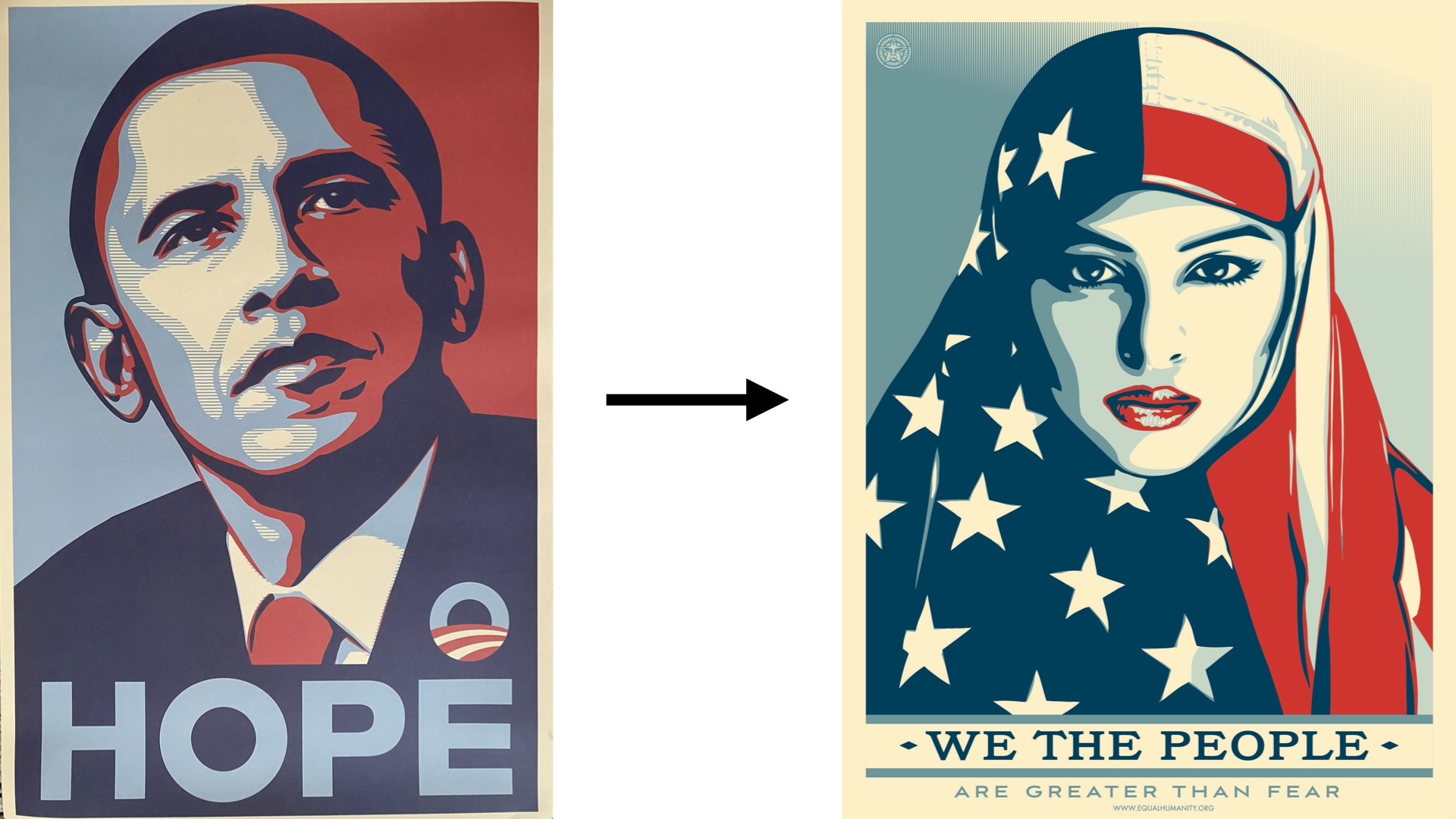Obama HOPE poster and We The People poster of a Muslim woman wearing an american flag as a hijab