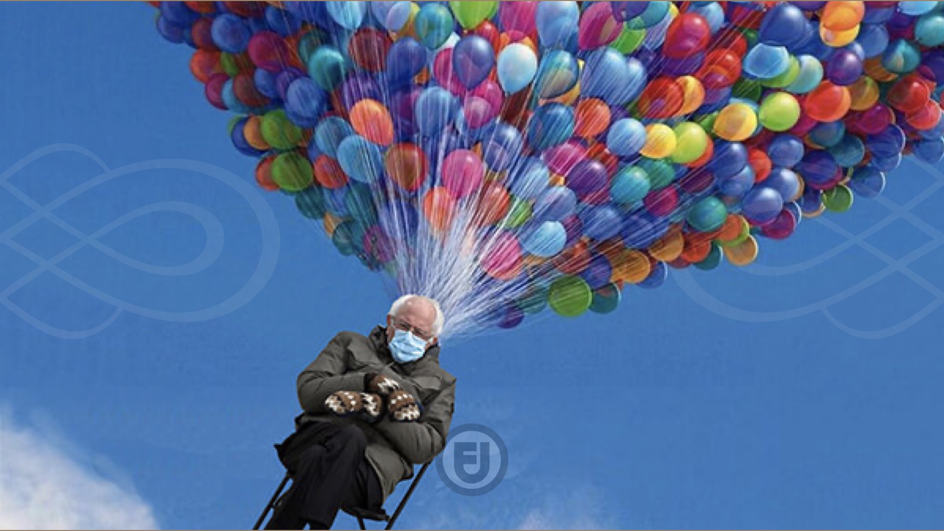 Colorful image of Bernie Sanders wearing his mittens sitting on a chair that is being lifted up by many balloons a la the moveie UP. No text.