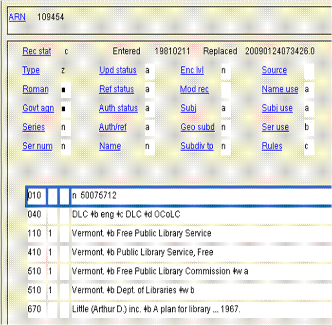 [MARC Record Vermont Free Public Library Service]