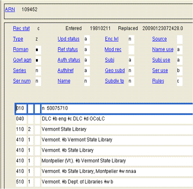 [MARC Record Vermont State Library]