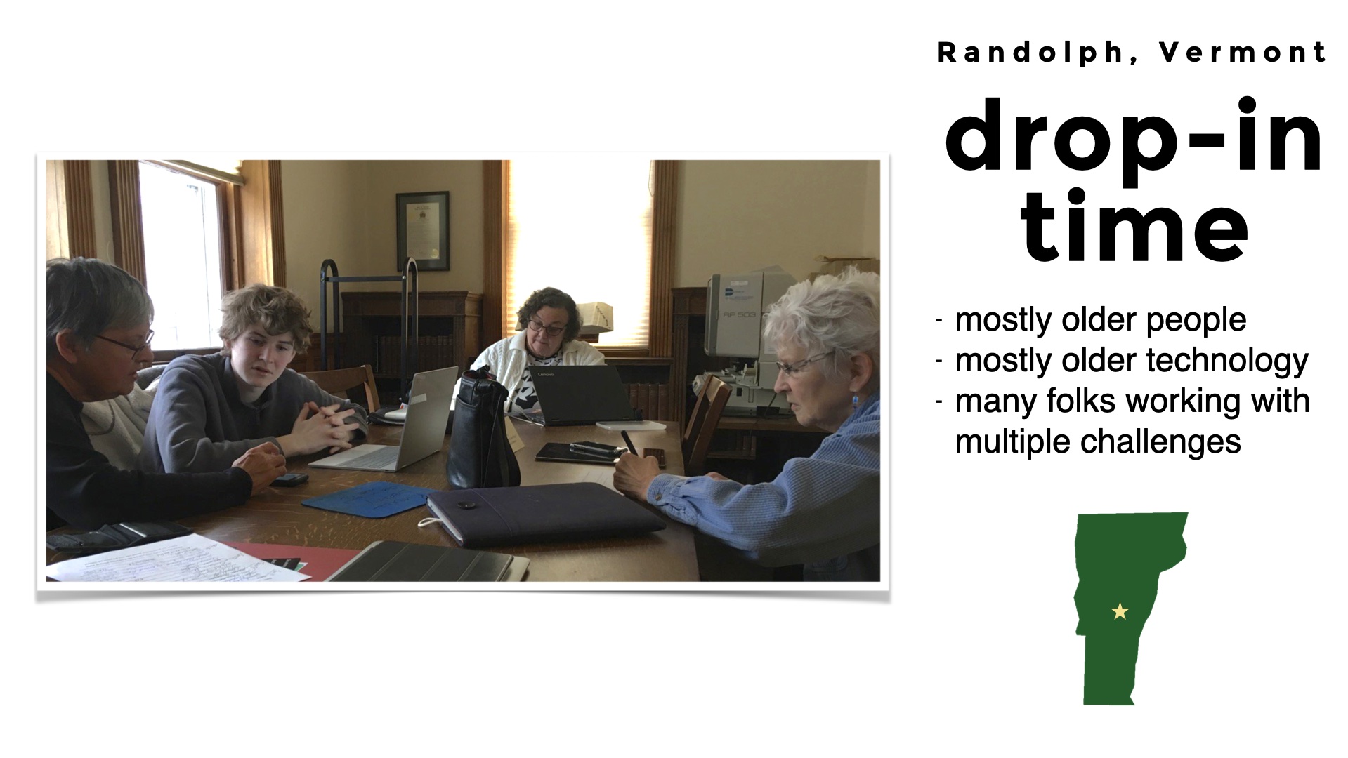 Picture of people sitting around a table in a library. Headline: Randolph Vermont drop-in time. Bulleted list: - mostly older people
- many folks working with multiple challenges