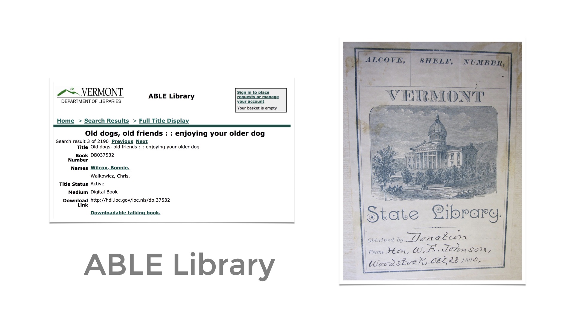 Screenshot of the ABLE Library website and a bookplate from the State Library. Text: ABLE Library