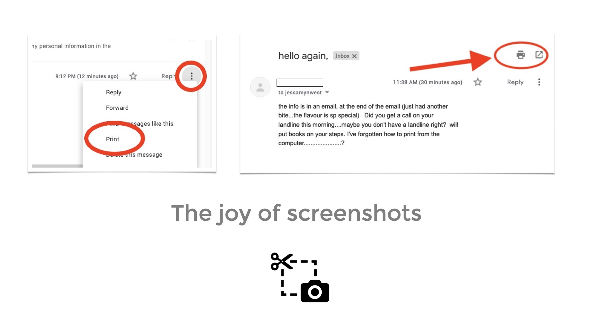 Two images of screenshot parts of a compiuter screen with red circles and arrows over the top. Text: The joy of screenshots