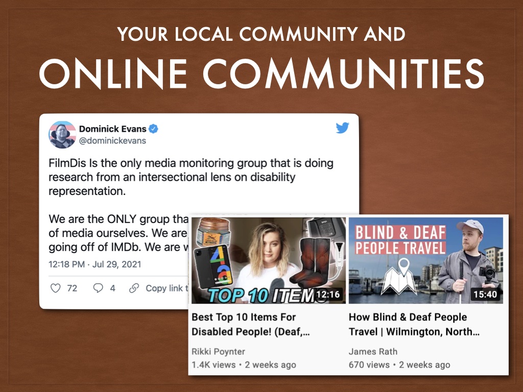 Title: Your local community and online communities. Images are one tweet by Domonich Evans listed on links page and a screenshot of Rikki Poynter and James Rath's YouTube channels
