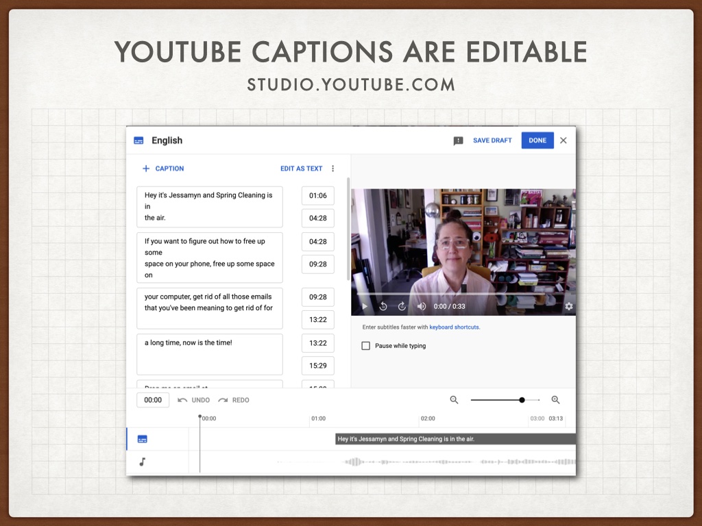 Title: YouTube captions are Editable. Subtitle: sdudio.youtube.com. Screenshot of YouTube studio's caption editing suite.