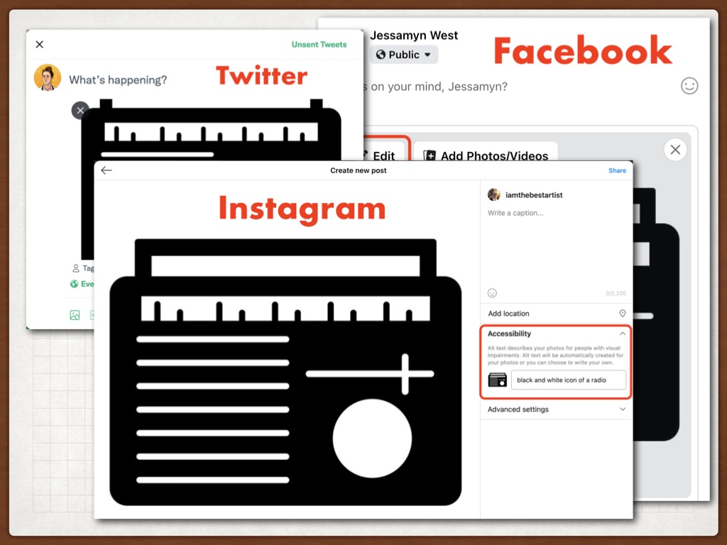 three layered screen shots showing in red the places to add alt text in facebook, instagram and twitter