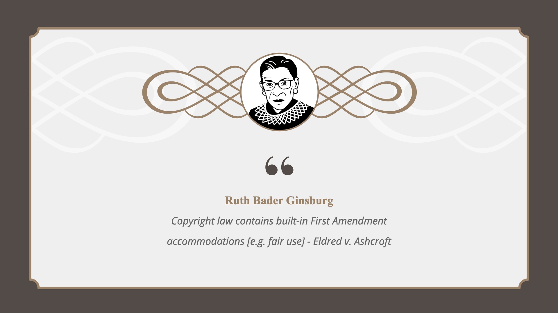 Image Ruth Bader Ginsburg with her name and a short quotation 'Copyright law contains built-in First Amendment accommodations [e.g. fair use] - Eldred v. Ashcroft'