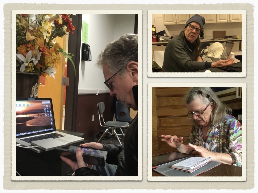 Thee different images of people using computers. Older woman looking into camera, middle aged man reading manual in front of computer, and older woman two fingered typing on her ipad