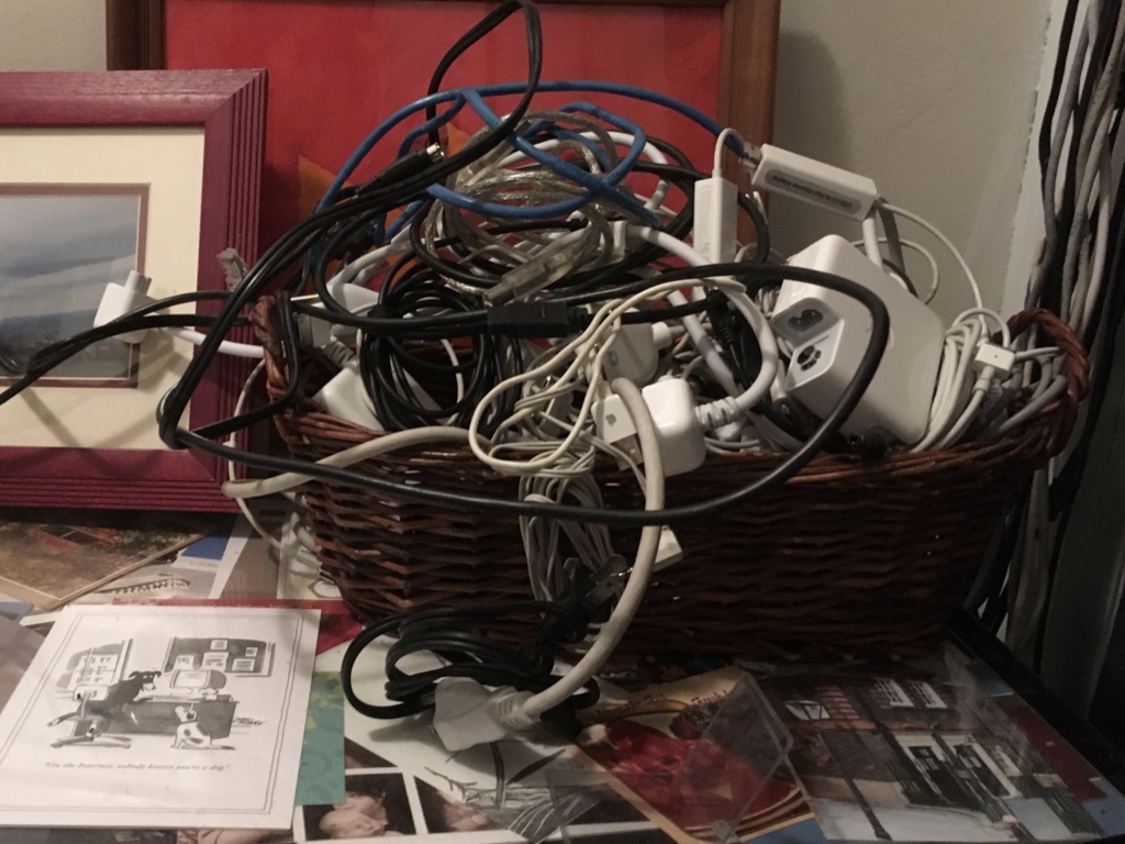 Image of a basket completely full of tangled wires and cables