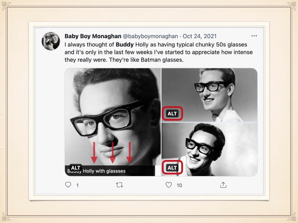 tweet with picture of Buddy Holly showing visible alt text 'Buddy Holly's glassses'