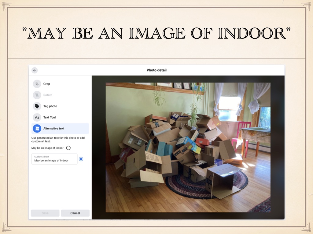 title: 'may be an image of indoor' screenshot of an image of a pile of boxes in a room on facebook with the facebook supplied caption being this ridiculous title