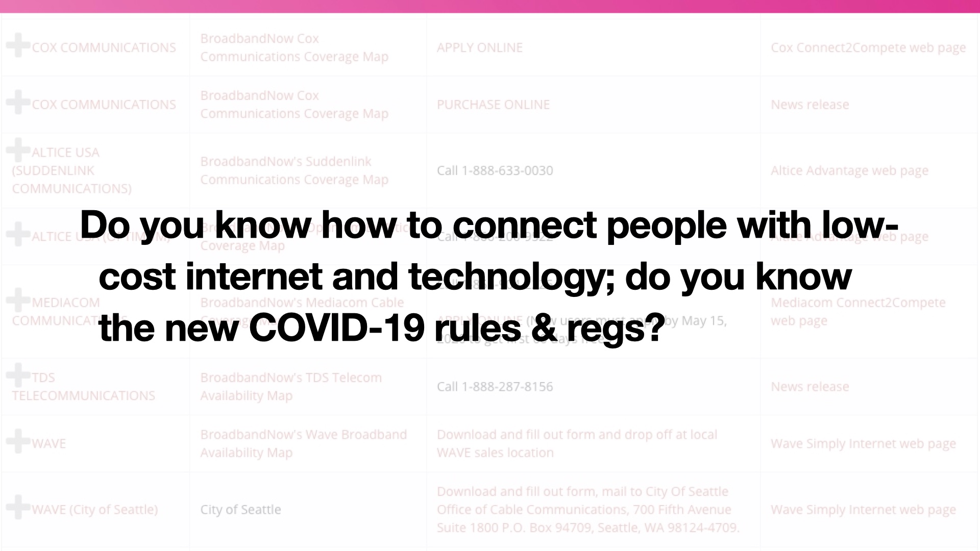 Quotation: Do you know how to connect people with low-cost internet and technology; do you know the new COVID-19 rules and regs?