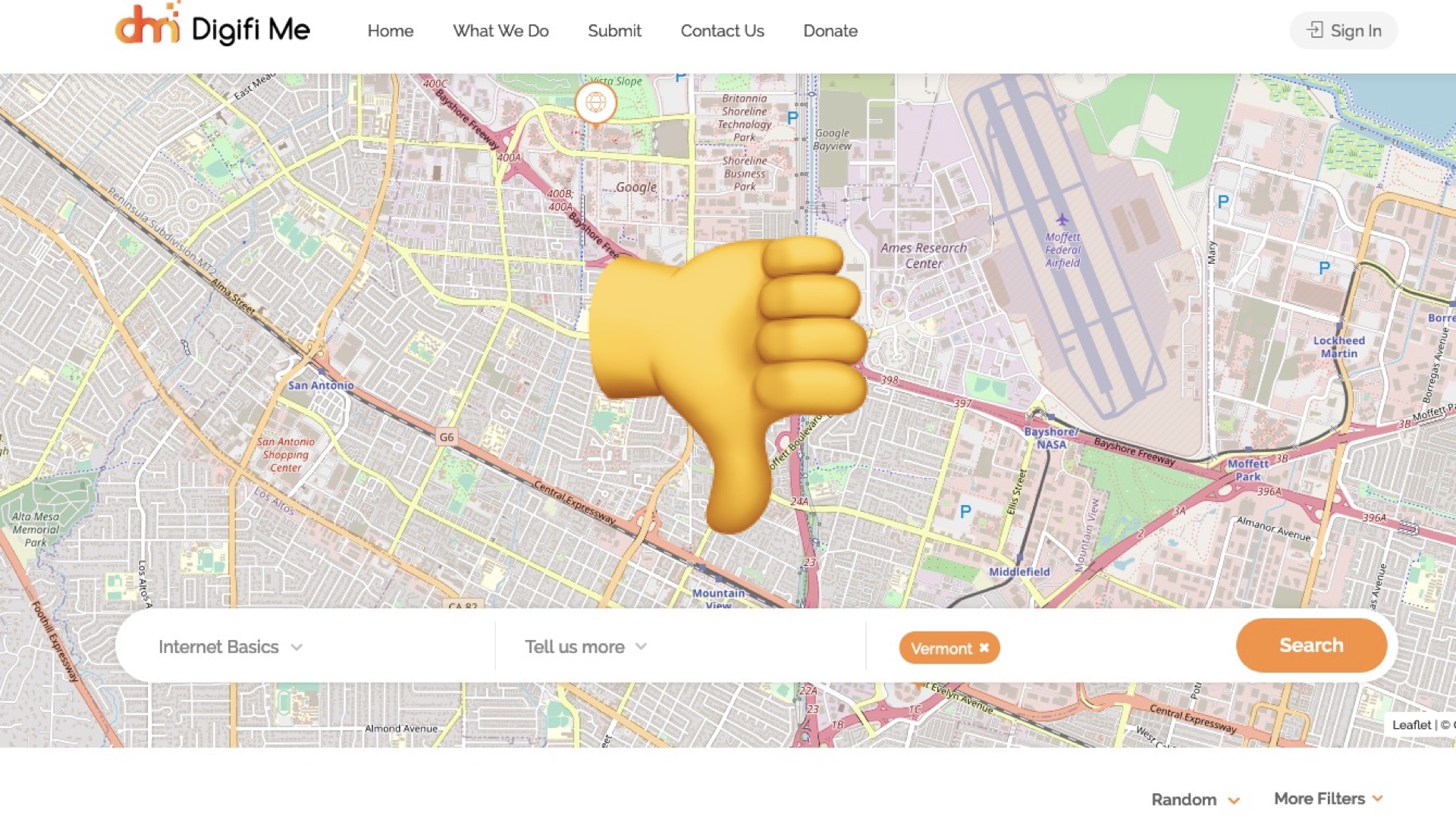 Screenshot of Digigifme website with a thumbs down emoji in the middle