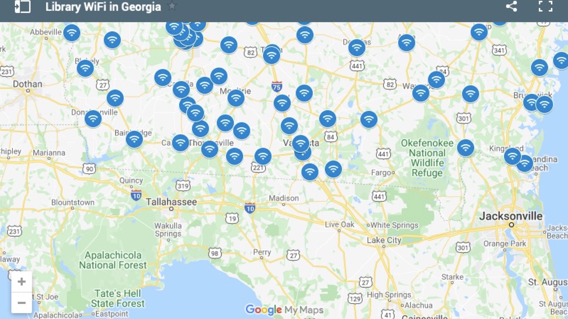 Screenshot of a map of the state of georgia showing wifi locations at public libraries.