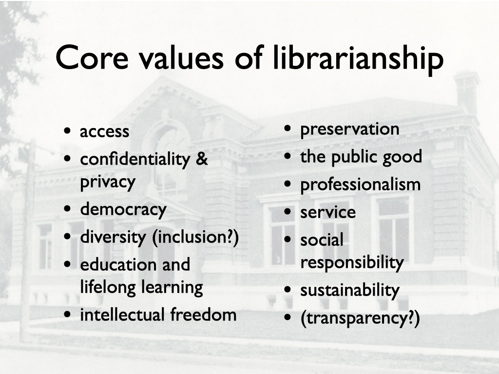 Core values of librarianship: access, confidentiality & privacy, democracy, diversity (inclusion?), education and lifelong learning, intellectual freedom, preservation, the public good, professionalism, service, social responsibility, sustainability, (transparency?)