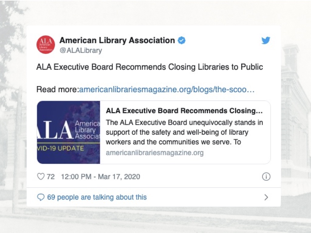 Image of tweet from American Library association suggesting closing public libraries.