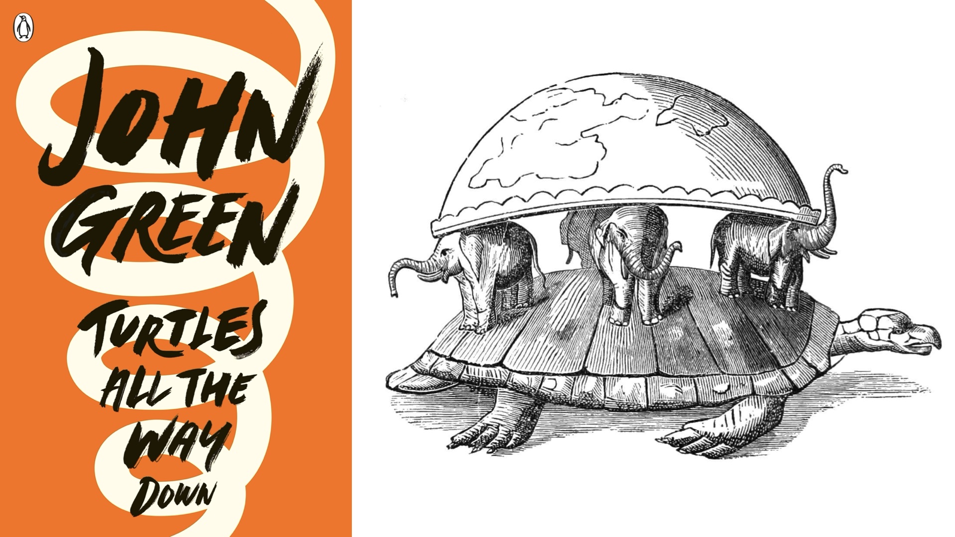 Cover of John Green's book Turtles All the Way Down next to an illustration of hte flat world carried on the backs of four elephants carried on the back of a turtle