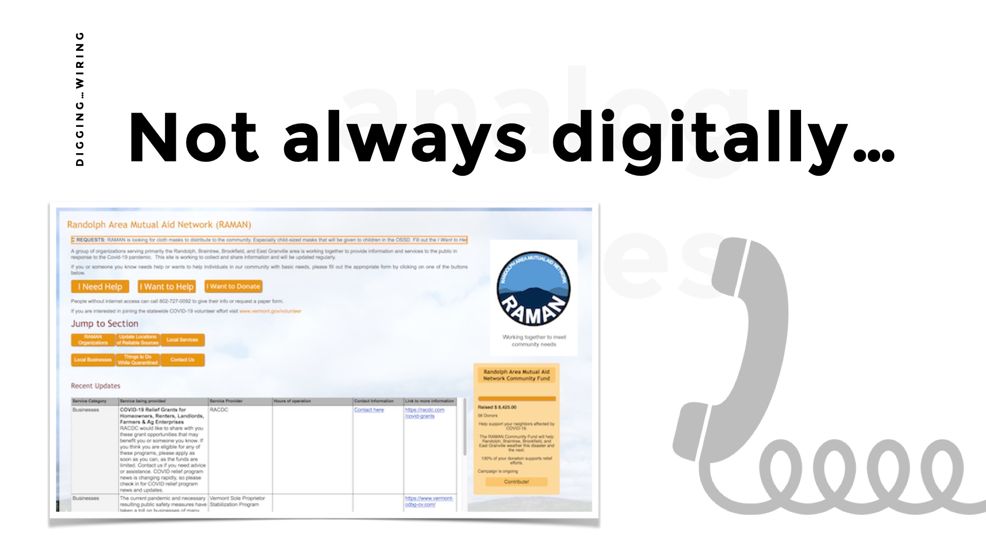 Not always digitally. Screenshot of website with a google spreadsheet on it next to an icon of a phone