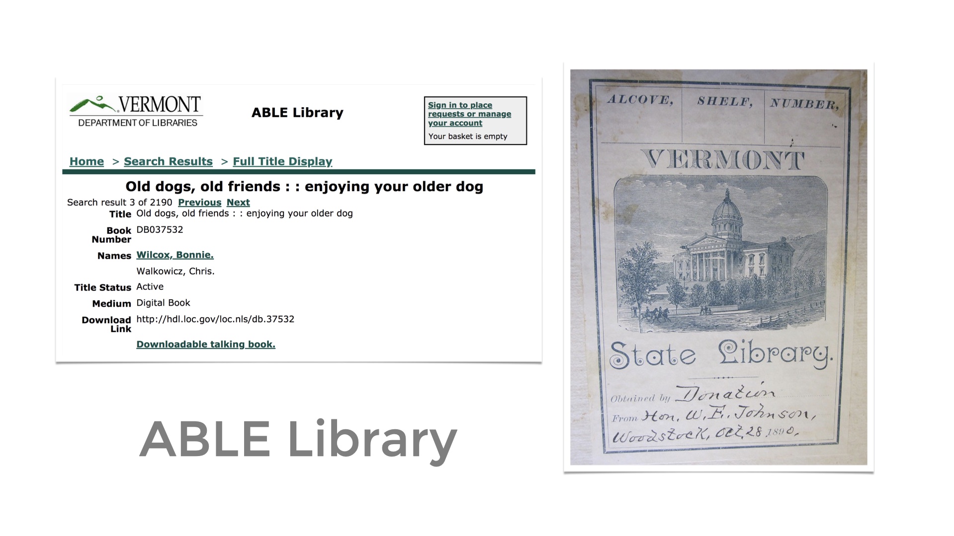 Screenshot of ABLE library website next to an old bookplate from the state library with some cool old fonts on it