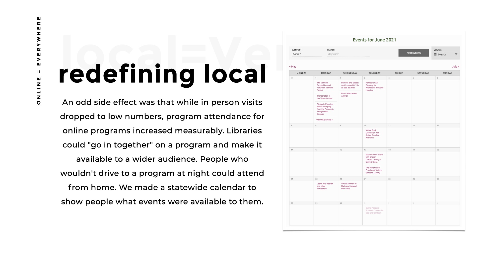 redefining loca showing a screenshot of the VLA online calendar. with text explanining it.