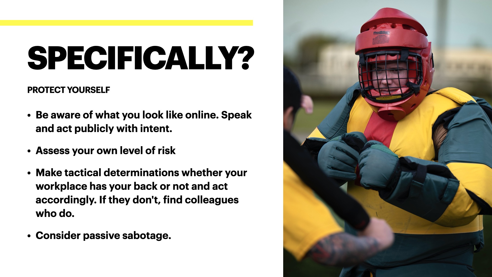 Image of a person in defensive gear in some sort of grappling training situation. Text reads: Specifically? Protect yourself. Be aware of what you look like online. Speak and act publicly with intent.
Assess your own level of risk
Make tactical determinations whether your workplace has your back or not and act accordingly. If they don't, find colleagues who do.
Consider passive sabotage.