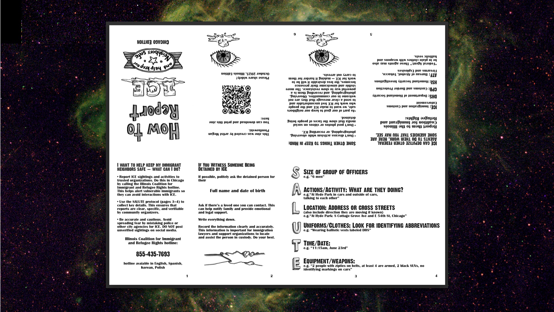 Screenshot of one of the mini-zines for what to do if ICE arrives, with a lot of information packed in and local phone numbers to call