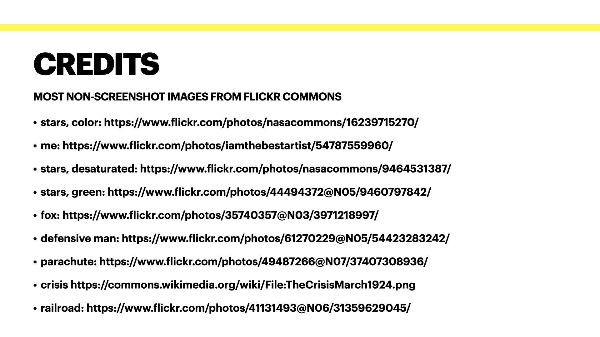 list of credits which is on the main page