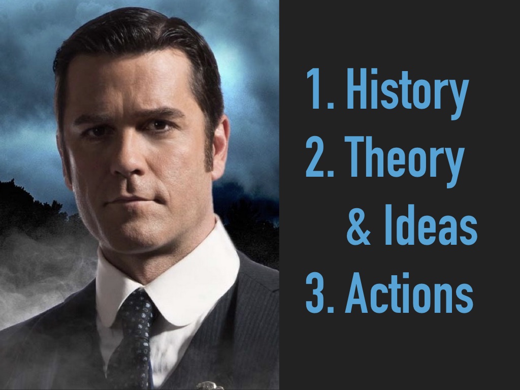 Slide 3: Photo of Inspector murdoch and list 1. History 2. Theory and Ideas 3. actions