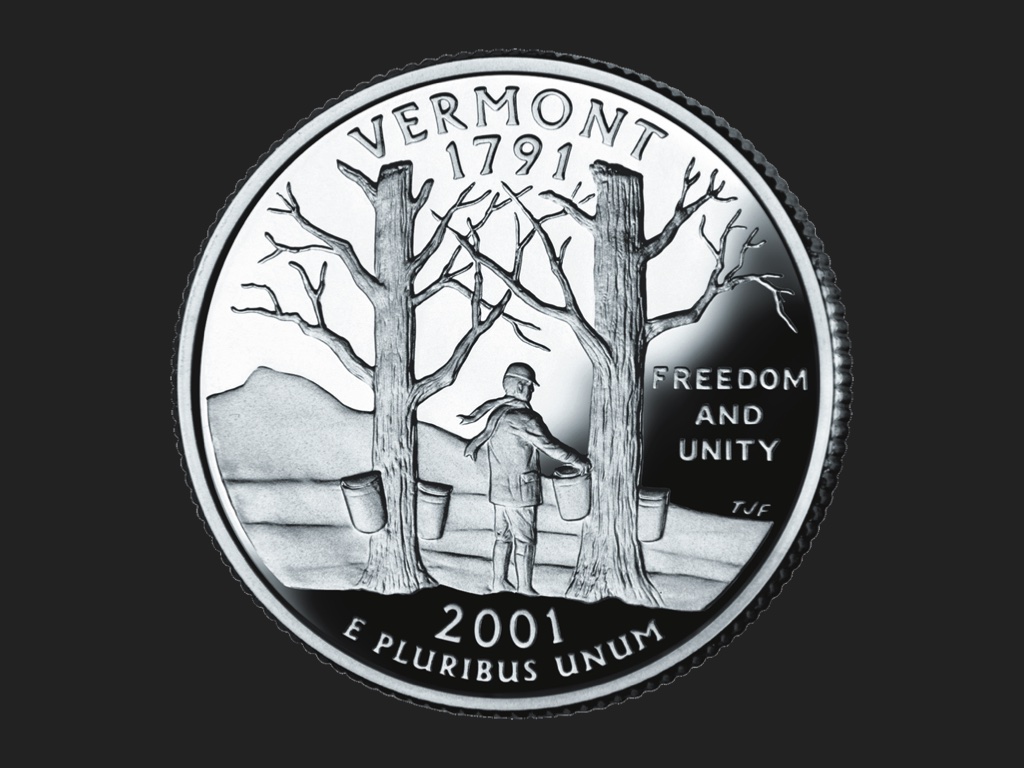 Slide 7: Image of Vermont State quarter showing a man out among maple trees with a bucket.