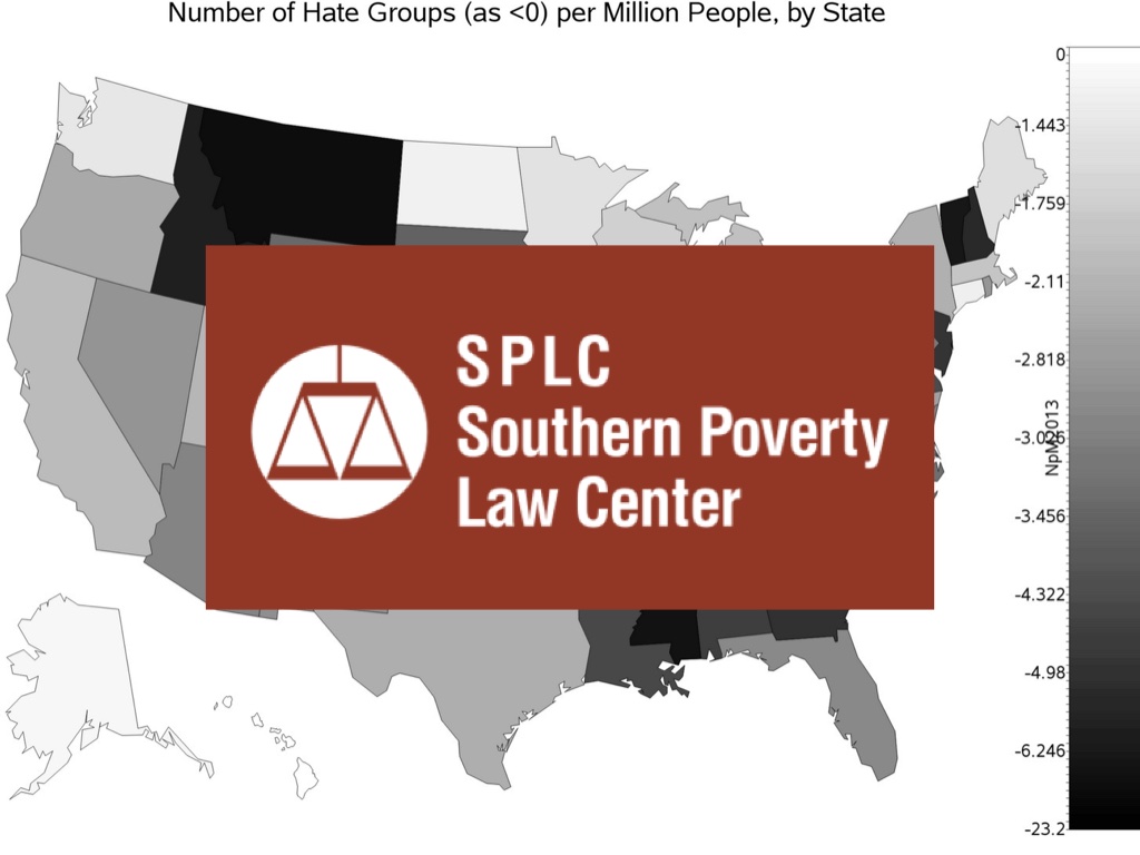 Slide 17: showing SPLC map of the US with darker colors in states with a lot of hate groups