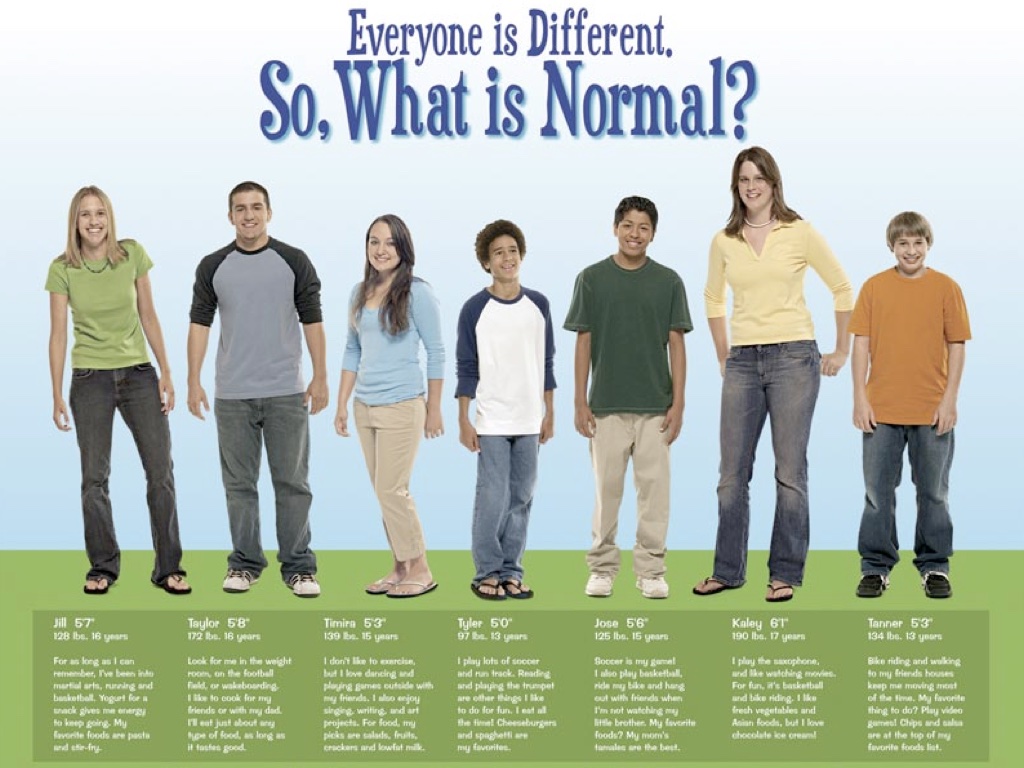Slide 29: image of a number of different teenagers, all about the same age with very different heights and colors and shapes