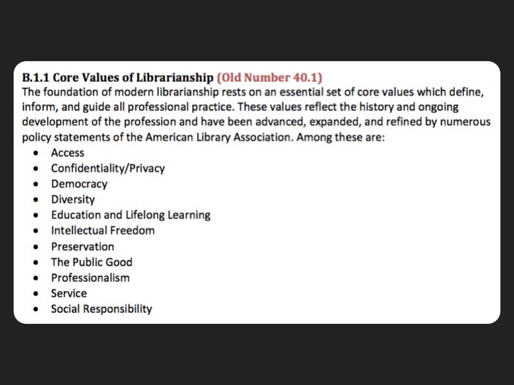 Slide 30: screenshot of Core Values of Librarianship linked in the notes.