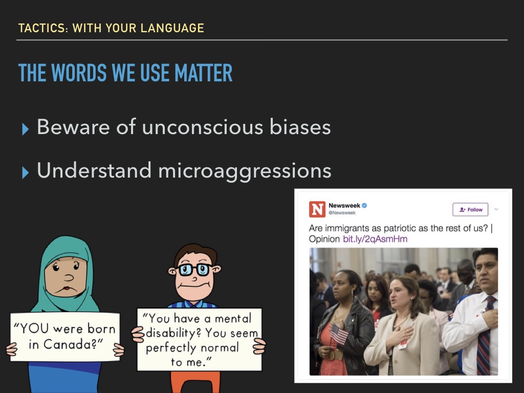 Slide 42:about understanding microaggressions, screenshot of tweet that sayd 