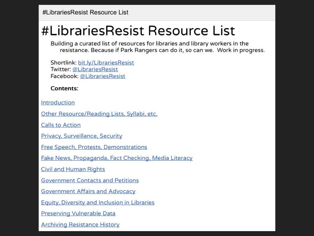slide 48: Libraries Resist resource list, from the links page