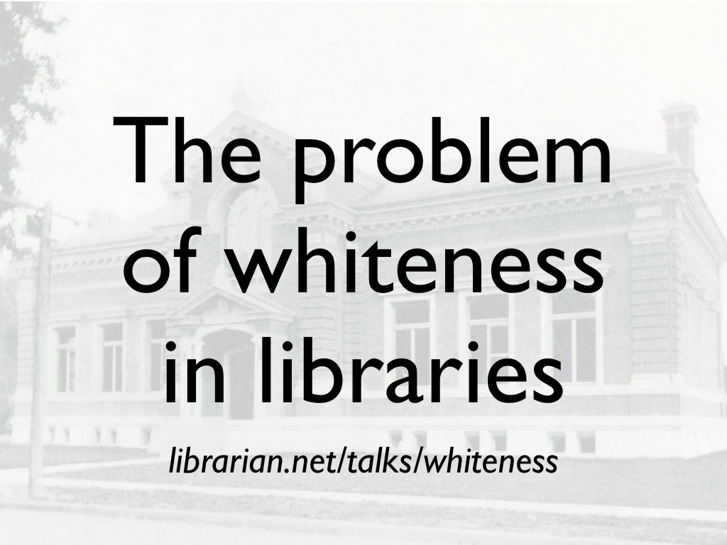 Title slide with the name of talk and URL on it - background image on all slides is a black and white image of a carnegie library