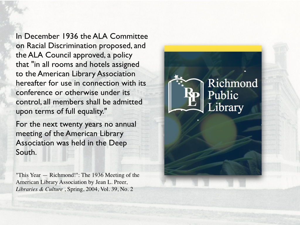 Image of Richmond Public Library logo next to a quote from ALA's recounting of the Richmond conference 