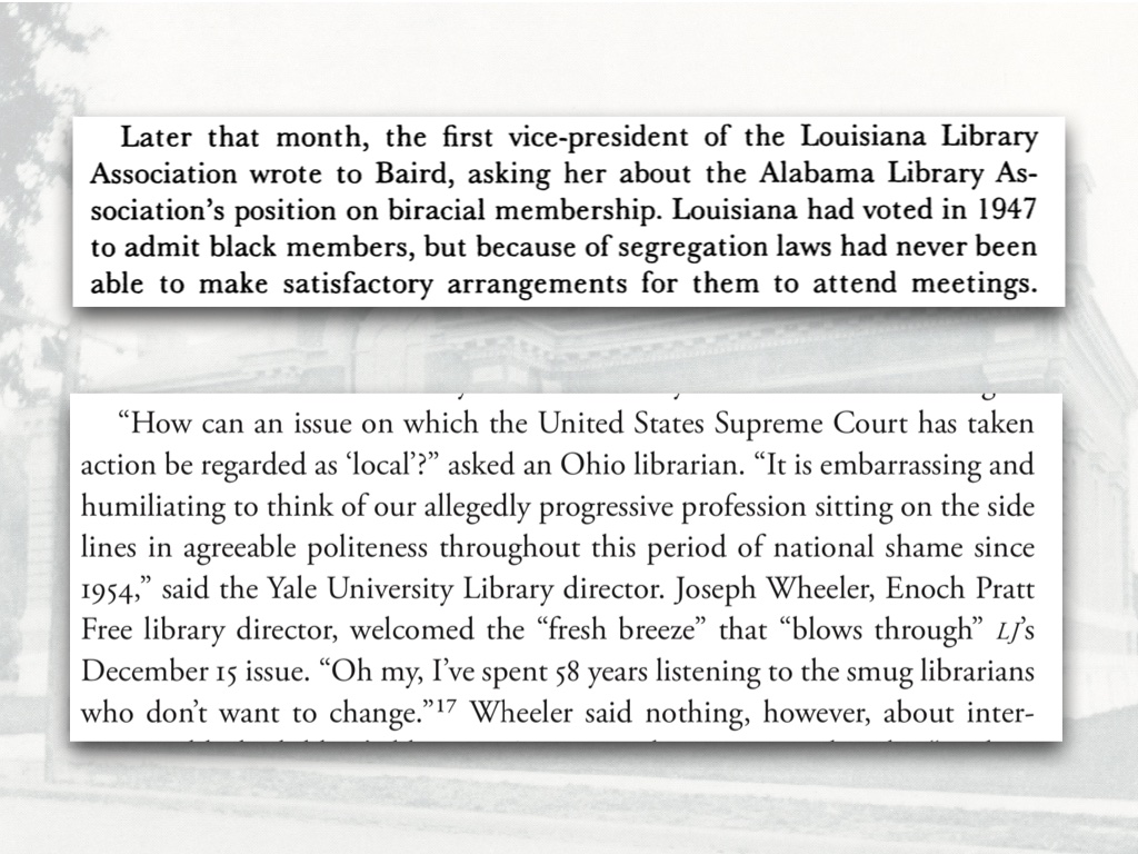 Images of two quotations from the articles linked discussing how the library associations passively accepted segregation
