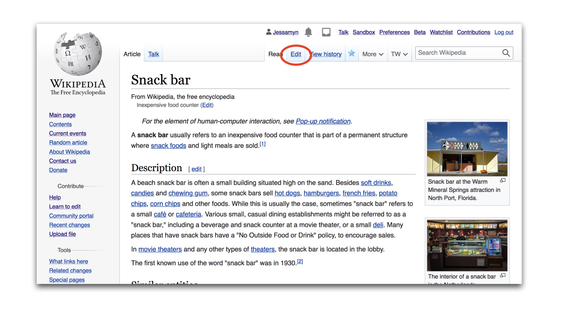 Screenshot of the Wikipedia page for Snack Bar with the Edit tab highlighted