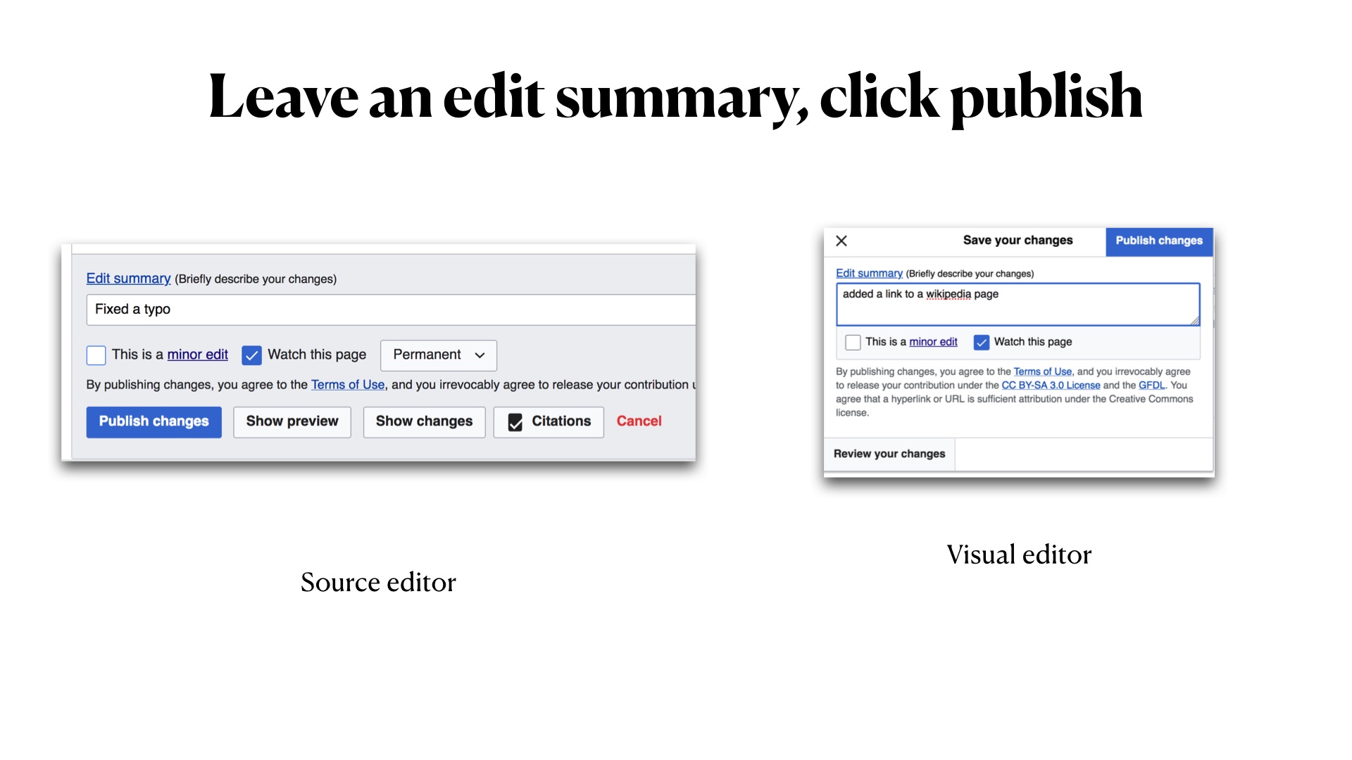 Leave an edit summary, click publish: Screenshots of two smaller windows showing where you write an edit summary and where the 